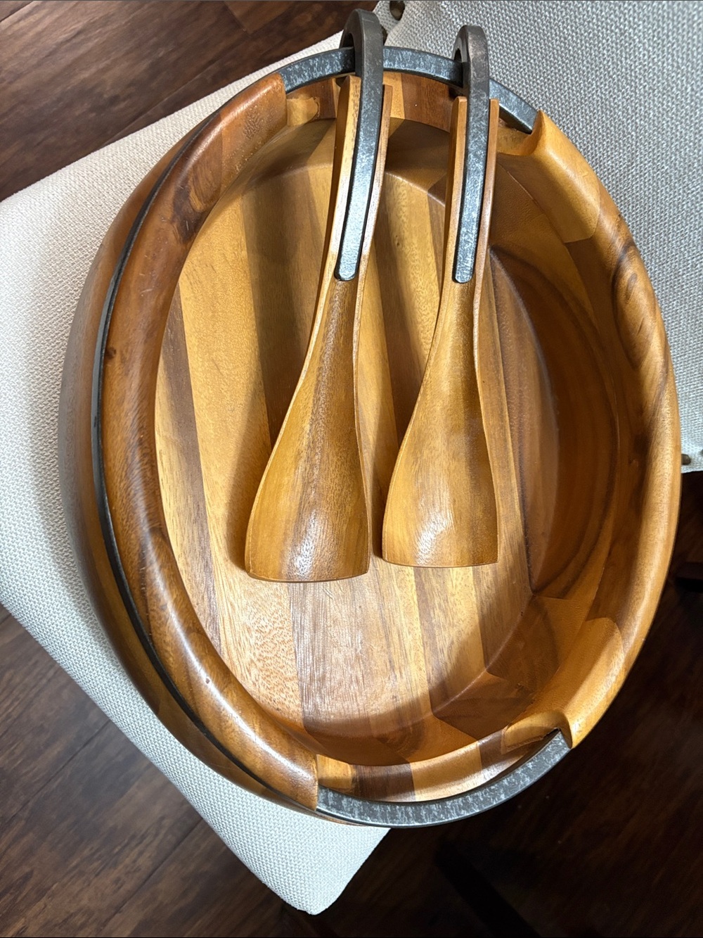 Nambe Acacia Wood Serving Bowl with Servers in Honey Brown and Metal Accents
